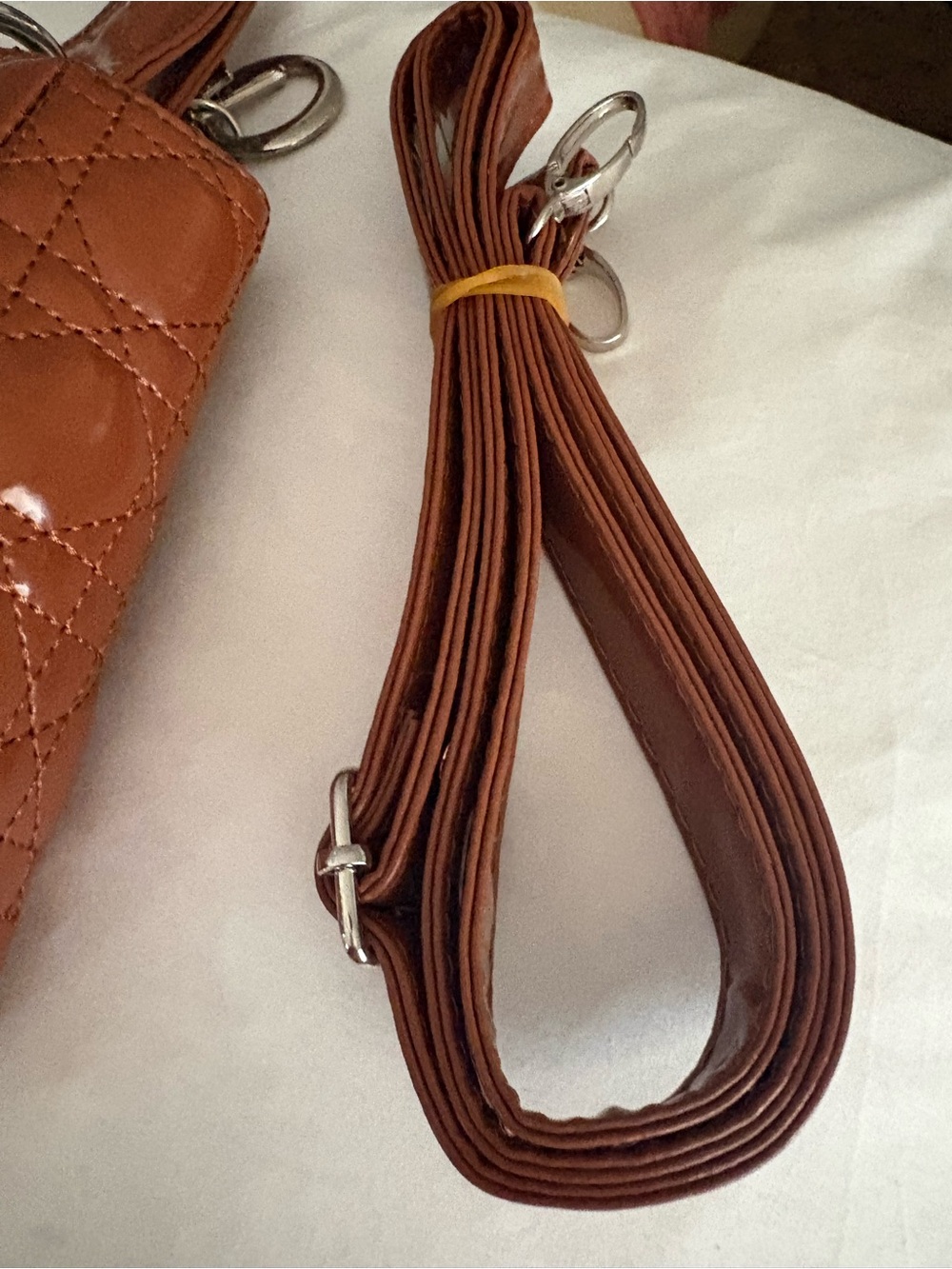 Brown Quilted faux patent Leather Mini Tote - Picture 3 of 7